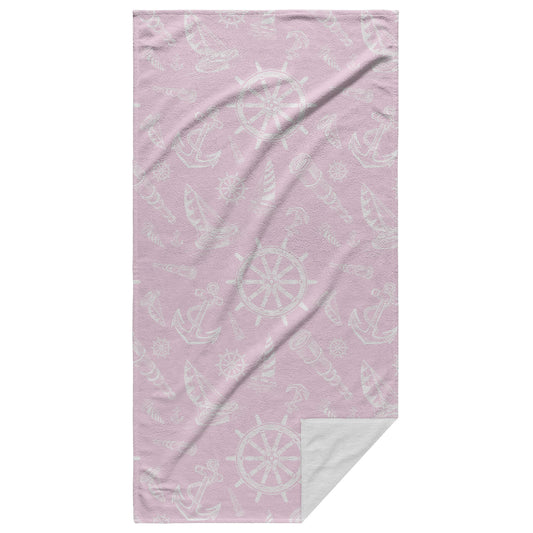 Nautical Sketches on Pink Background, Beach Towel