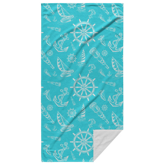 Nautical Sketches on Tropical Blue Background, Beach Towel
