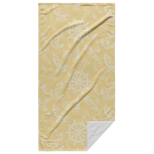 Nautical Sketches on Yellow Background, Beach Towel