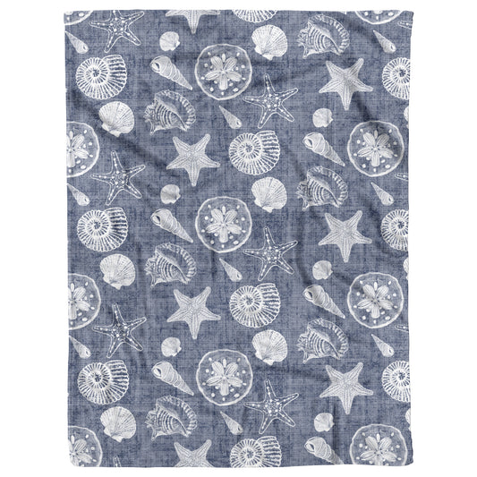 Seashell Sketches on Navy Blue Linen Texture Background, Fleece Blanket