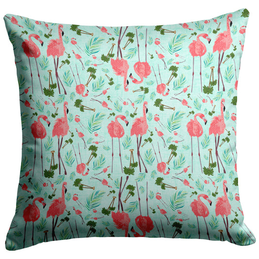 Flamingo Party on Mint Linen Textured Background, Throw Pillow