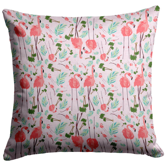 Flamingo Party on Pink Linen Textured Background, Throw Pillow