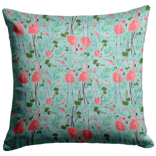 Flamingo Party on Succulent  Linen Textured Background, Throw Pillow