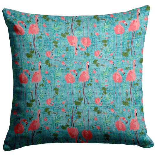 Flamingo Party on Teal Linen Textured Background, Throw Pillow