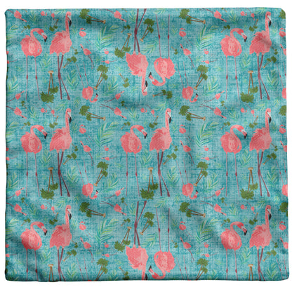 Flamingo Party on Teal Linen Textured Background, Throw Pillow