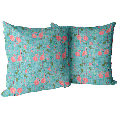 Flamingo Party on Teal Linen Textured Background, Throw Pillow