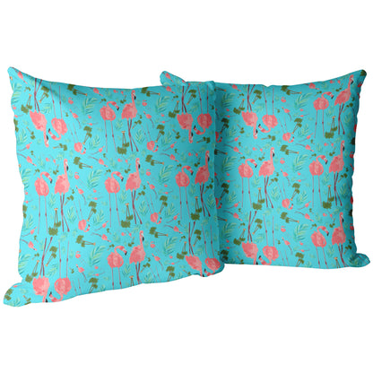 Flamingo Party on Tropical Blue Background, Throw Pillow