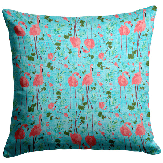 Flamingo Party on Tropical Blue Linen Textured Background, Throw Pillow