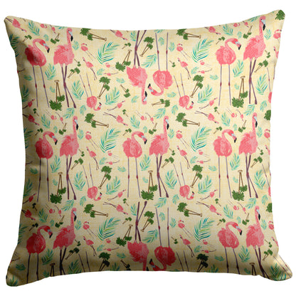 Flamingo Party on Yellow Linen Textured Background, Throw Pillow