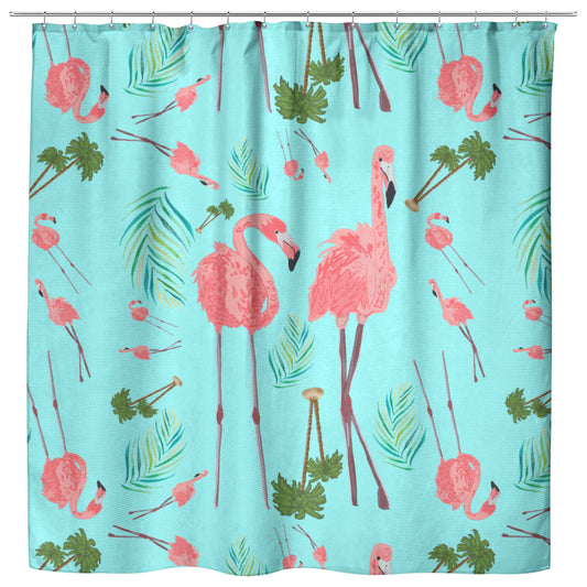 Flamingos Party on Coastal Blue Background, Shower Curtain