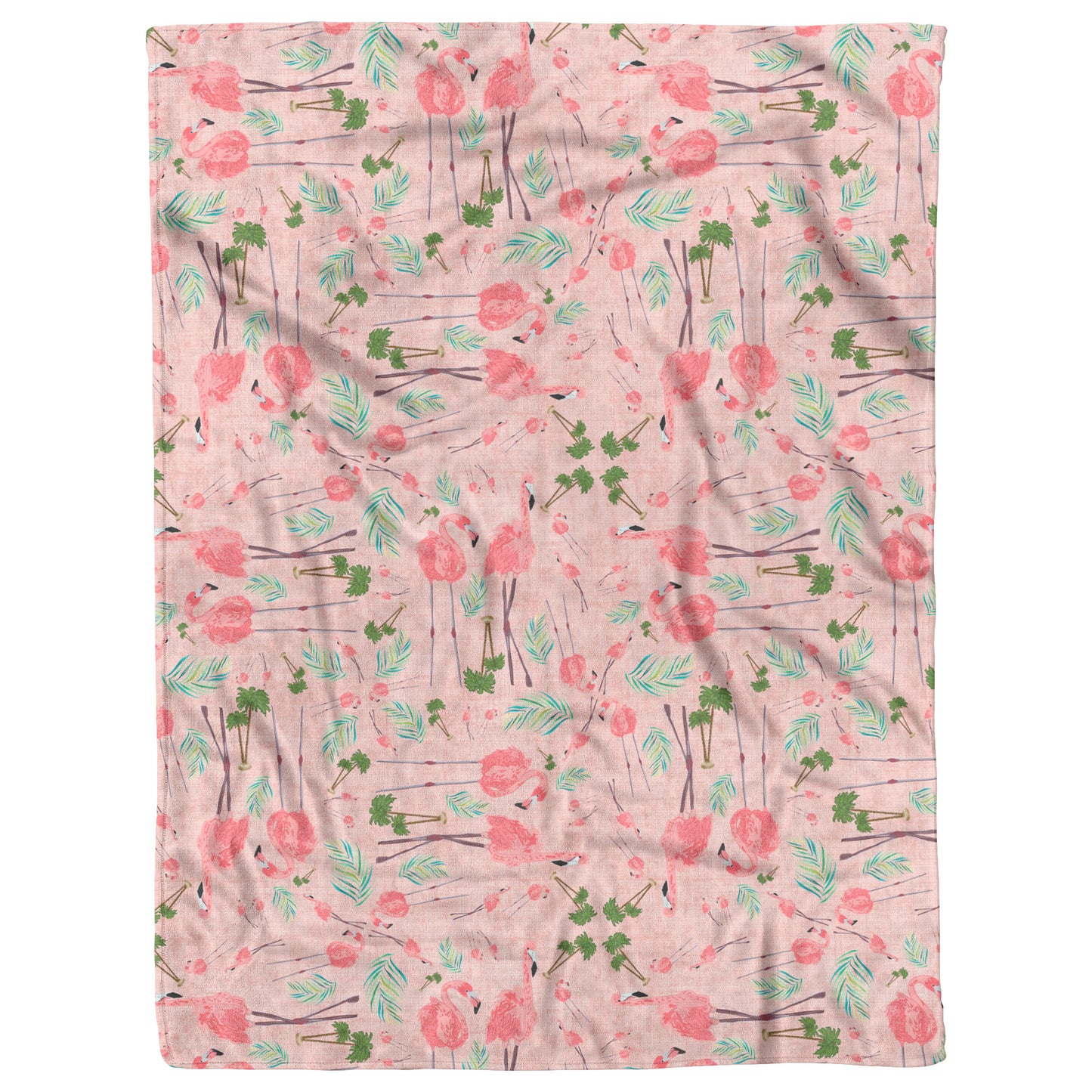 Flamingo Party on Coral Linen Textured Background, Fleece Blanket