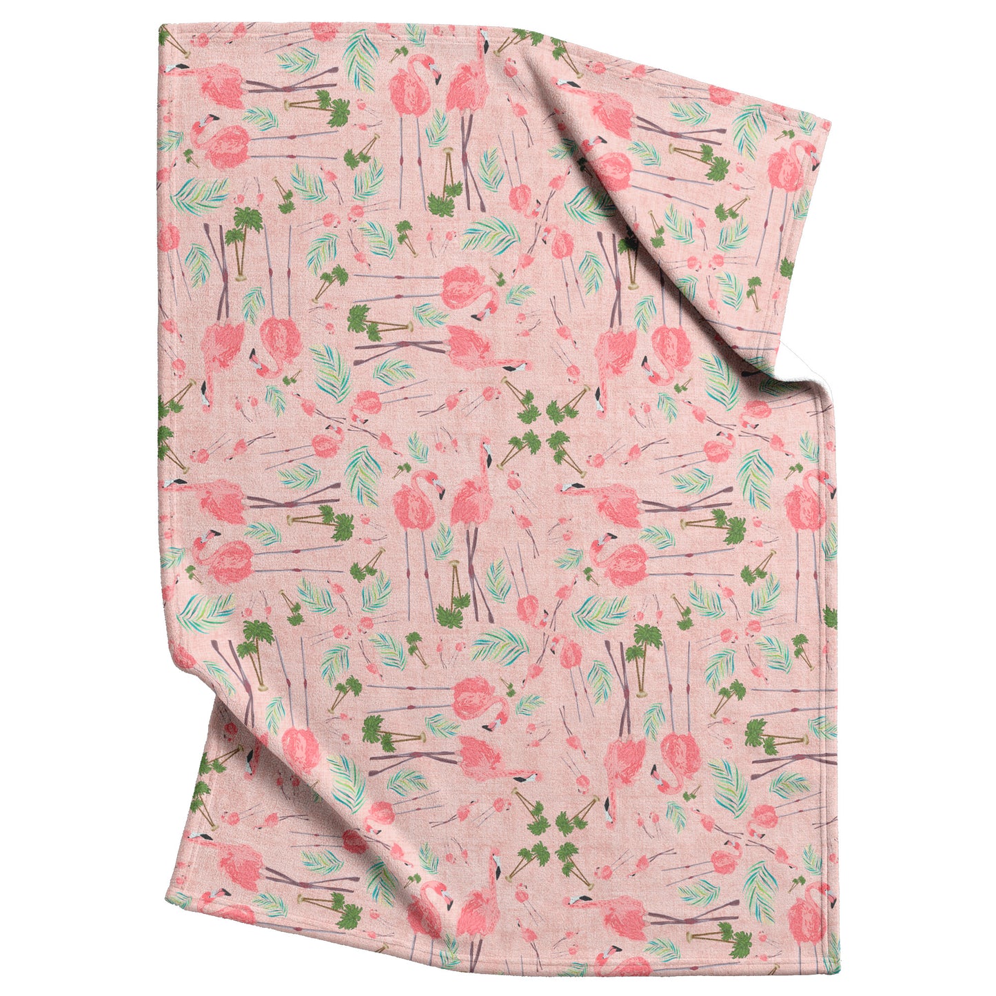 Flamingo Party on Coral Linen Textured Background, Fleece Blanket