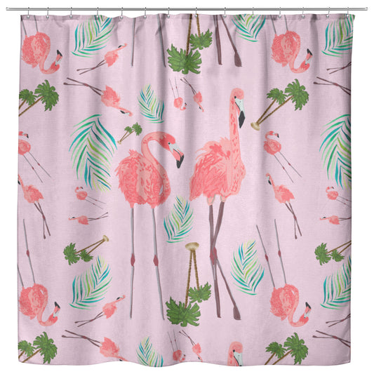 Flamingos Party on Pink Background, Shower Curtain