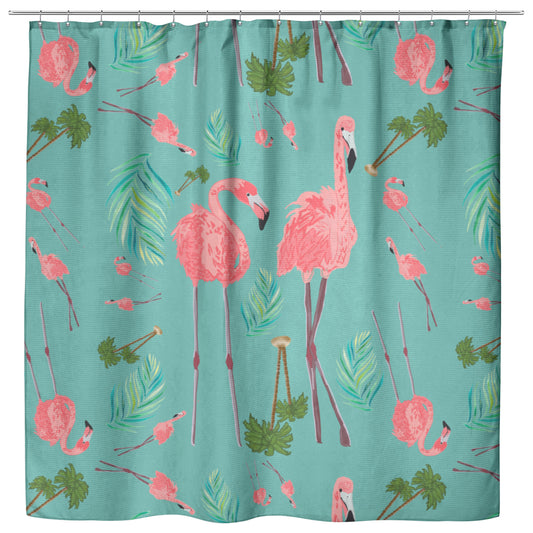 Flamingos Party on Succulent Background, Shower Curtain