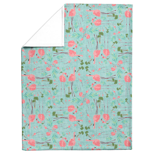 Flamingo Party on Succulent Linen Textured Background, Fleece Blanket