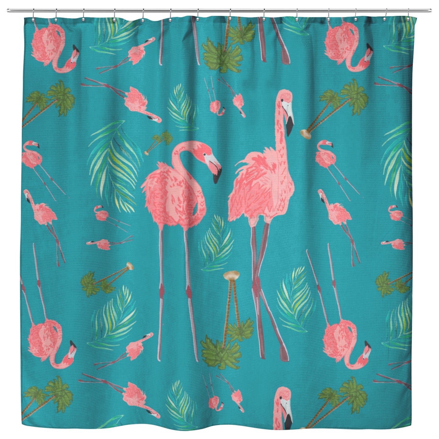 Flamingos Party on Teal Background, Shower Curtain