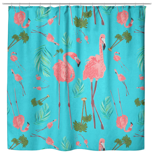 Flamingos Party on Tropical Blue Background, Shower Curtain
