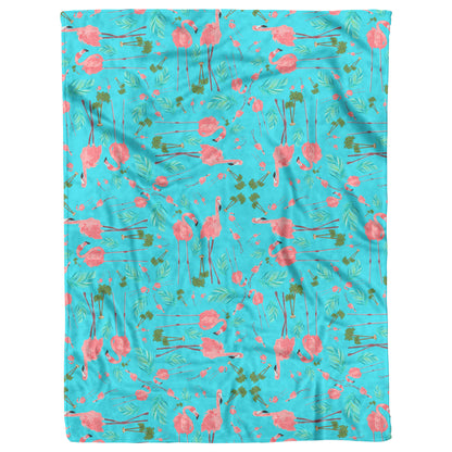 Flamingo Party on Tropical Blue  Background, Fleece Blanket