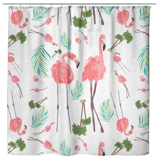 Flamingos Party on White Background, Shower Curtain