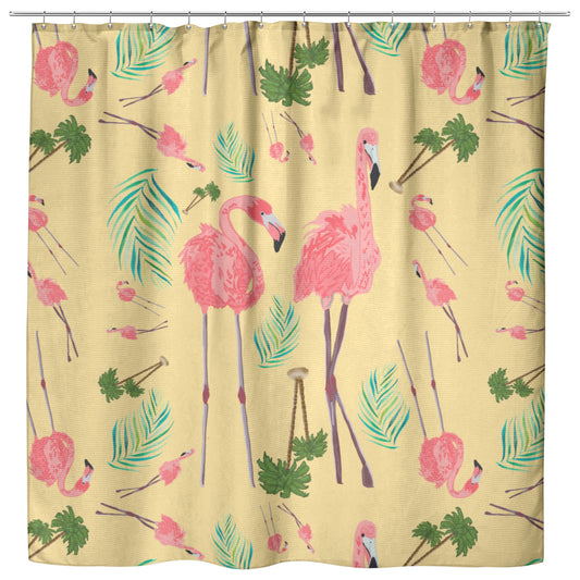 Flamingos Party on Yellow Background, Shower Curtain