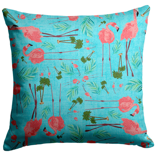 Flamingo Party on Coastal Blue Linen Textured Background, Throw Pillow