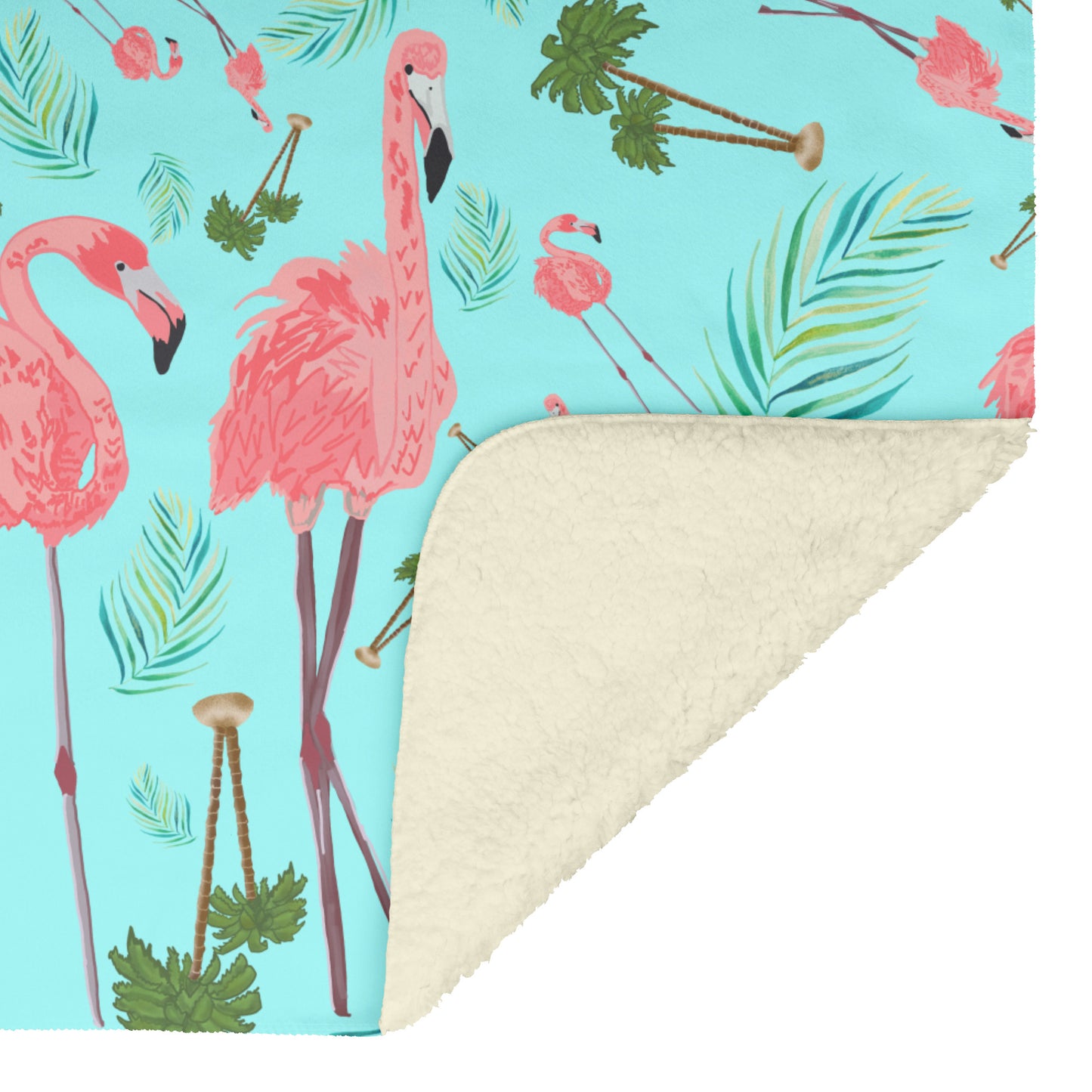 Flamingos on Coastal Blue Background, Fleece Blanket