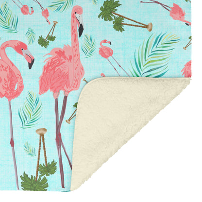 Flamingos on Coastal Blue Linen Textured Background, Fleece Blanket