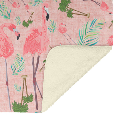 Flamingos on Coral Linen Textured Background, Fleece Blanket