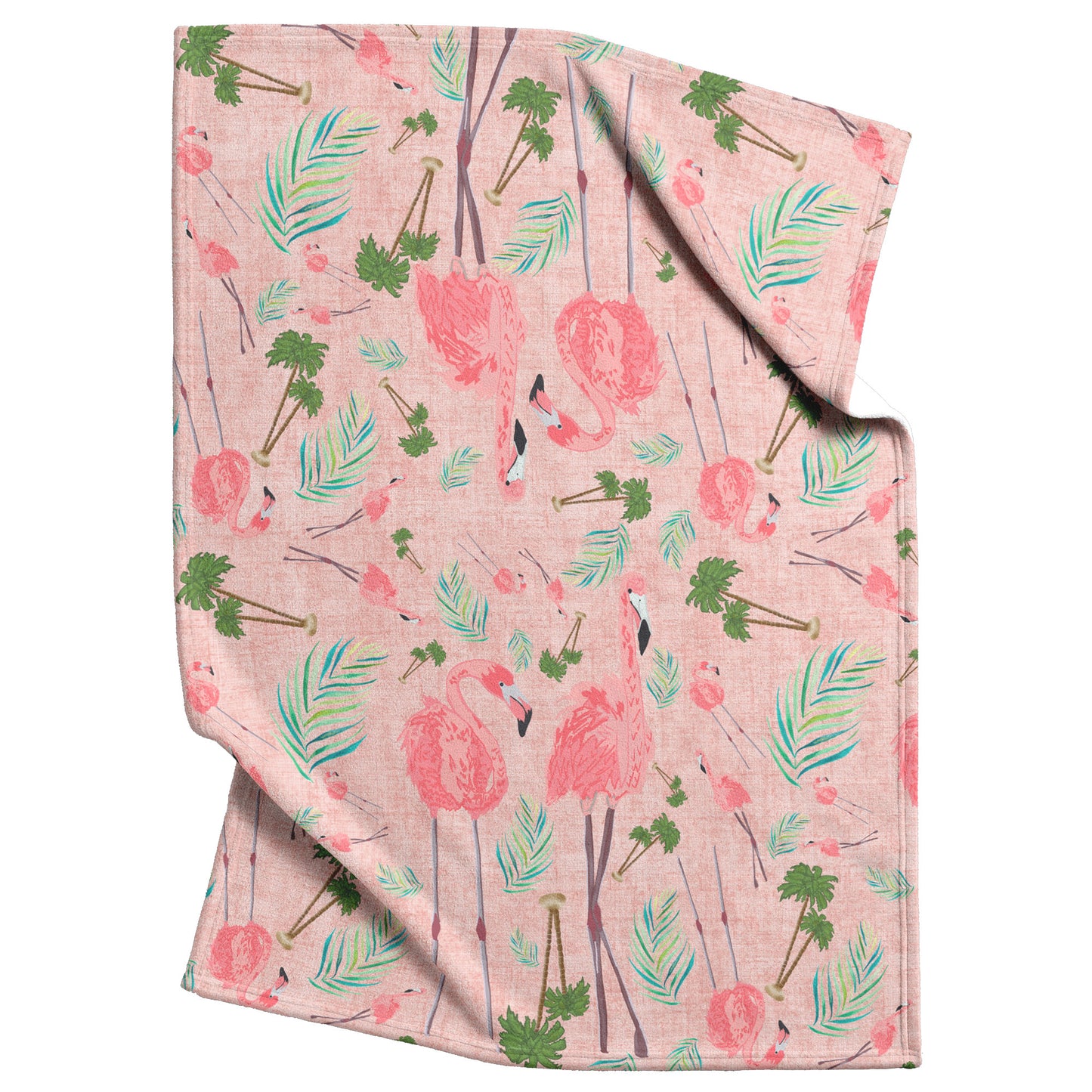 Flamingos on Coral Linen Textured Background, Fleece Blanket
