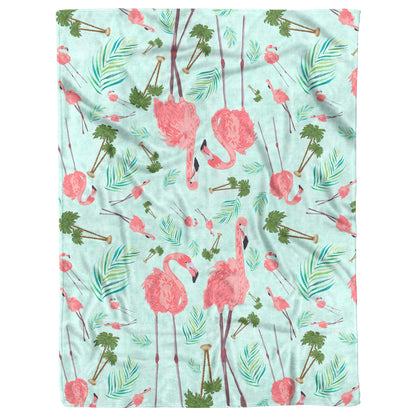 Flamingos on Mint Linen Textured Background, Fleece Blanket