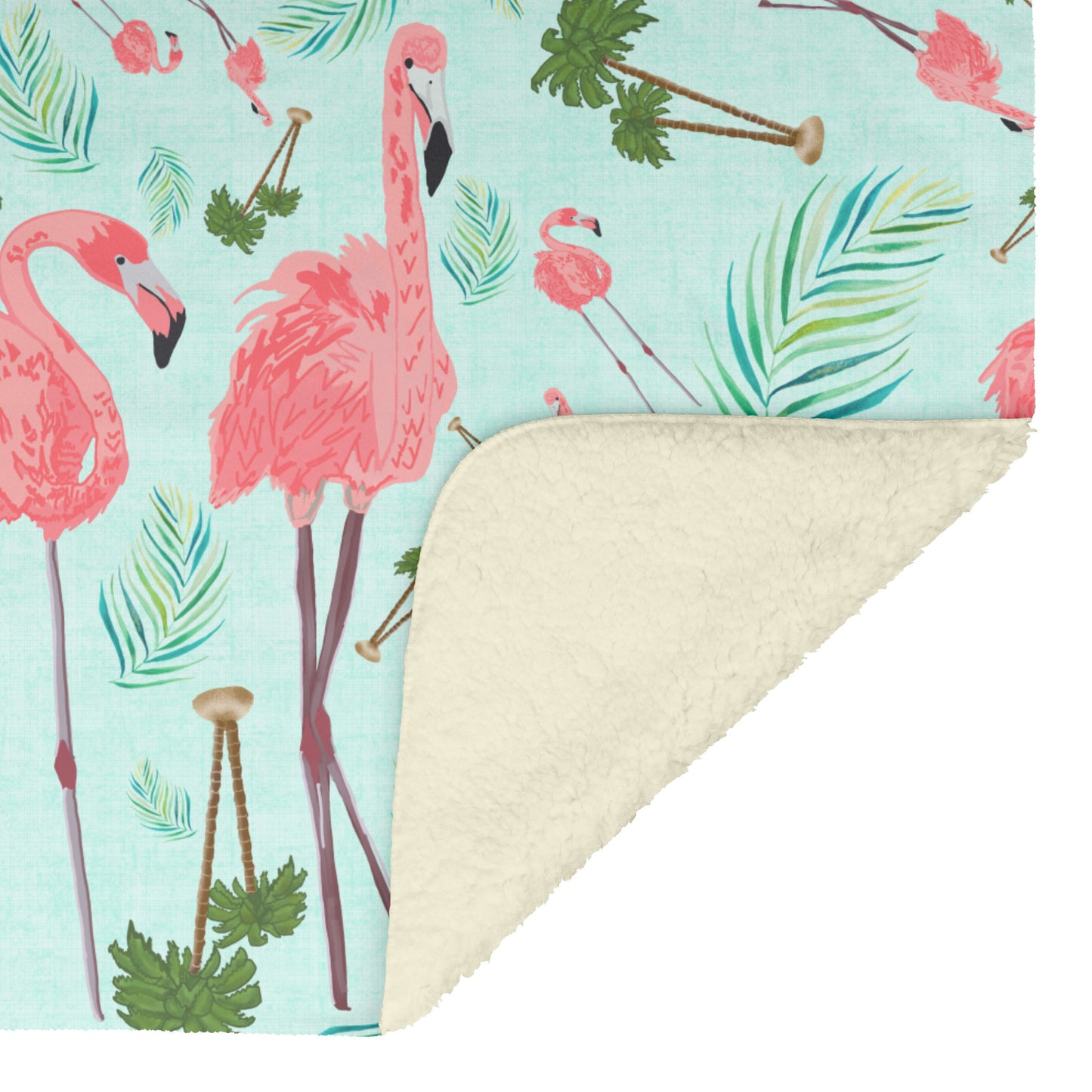 Flamingos on Mint Linen Textured Background, Fleece Blanket