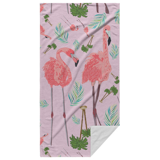 Flamingos on Pink Background Style 2, Beach Towel