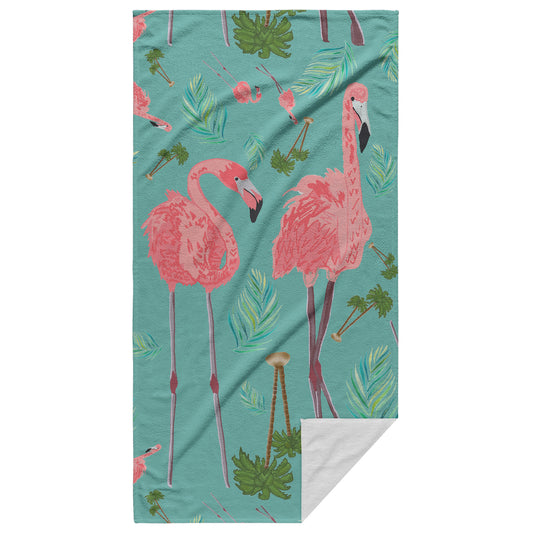 Flamingos on Succulent Green Background Style 2, Beach Towel