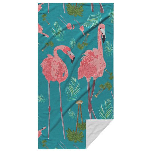 Flamingos on Teal Background Style 2, Beach Towel