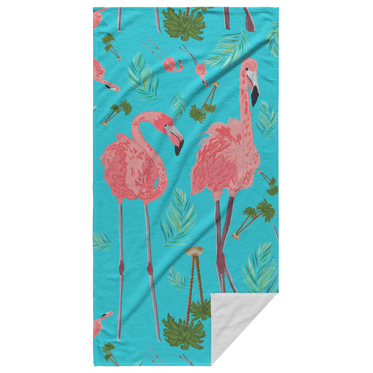 Flamingos on Tropical Blue Background Style 2, Beach Towel