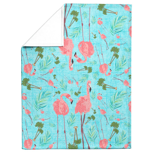 Flamingos on Tropical Blue Linen Textured Background, Fleece Blanket