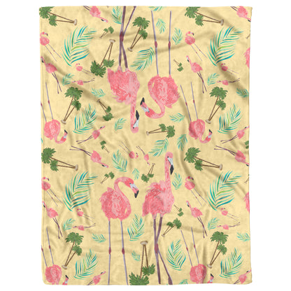 Flamingos on Yellow Background, Fleece Blanket