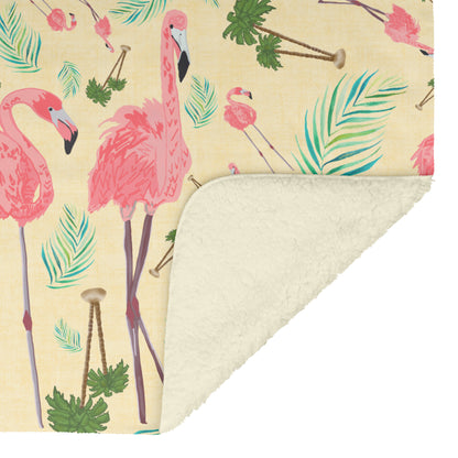 Flamingos on Yellow Linen Textured Background, Fleece Blanket