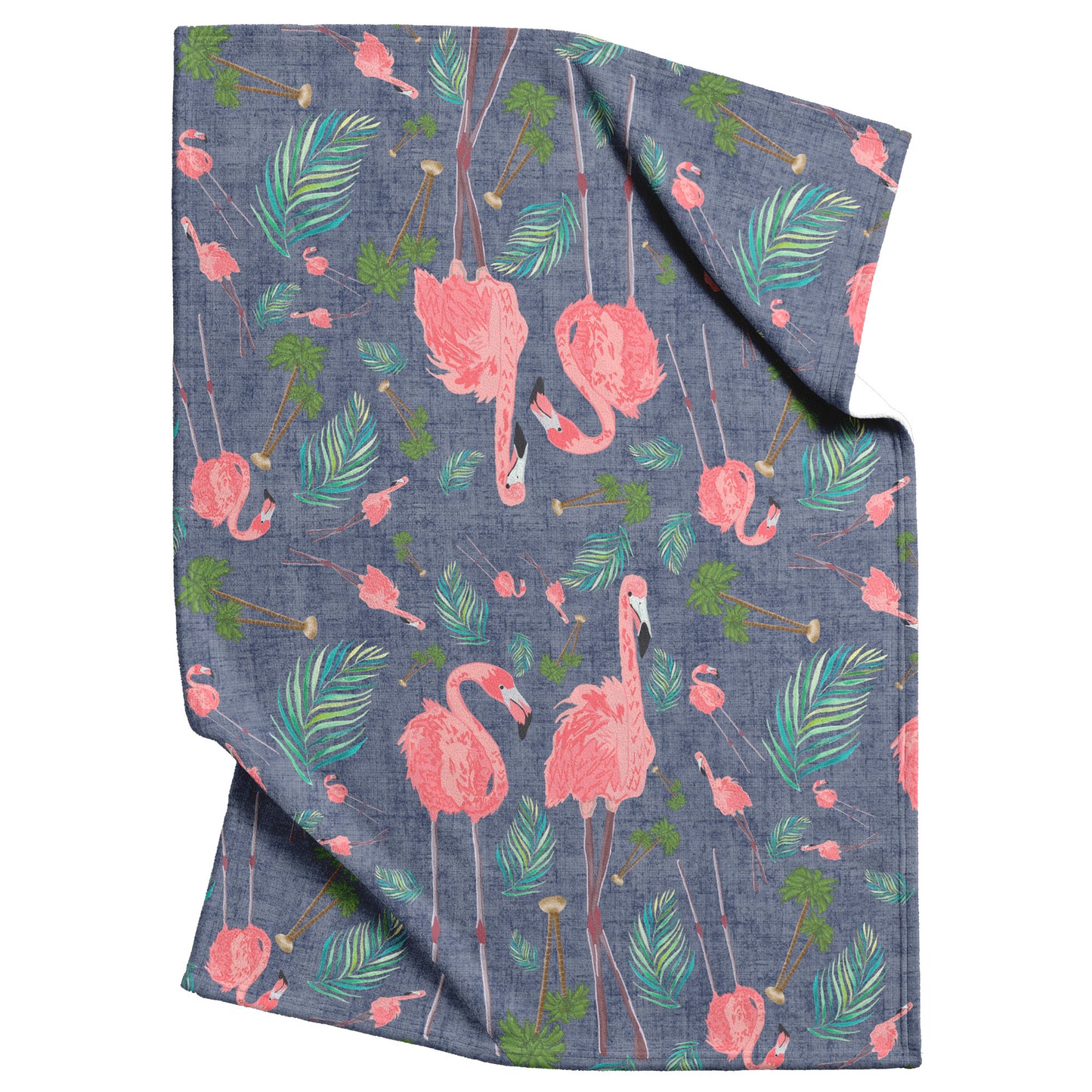 Flamingos on Navy Blue  Linen Textured Background, Fleece Blanket