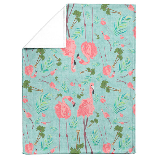 Flamingos on Succulent Linen Textured Background, Fleece Blanket