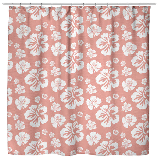 Hibiscus Soiree, White Hibiscus on Coral, Shower Curtain