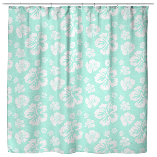Hibiscus Soiree, White Hibiscus on Mint, Shower Curtain