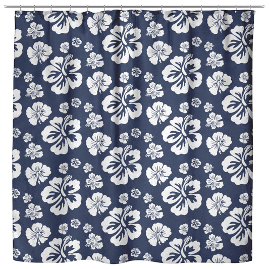 Hibiscus Soiree, White Hibiscus on Navy Blue, Shower Curtain