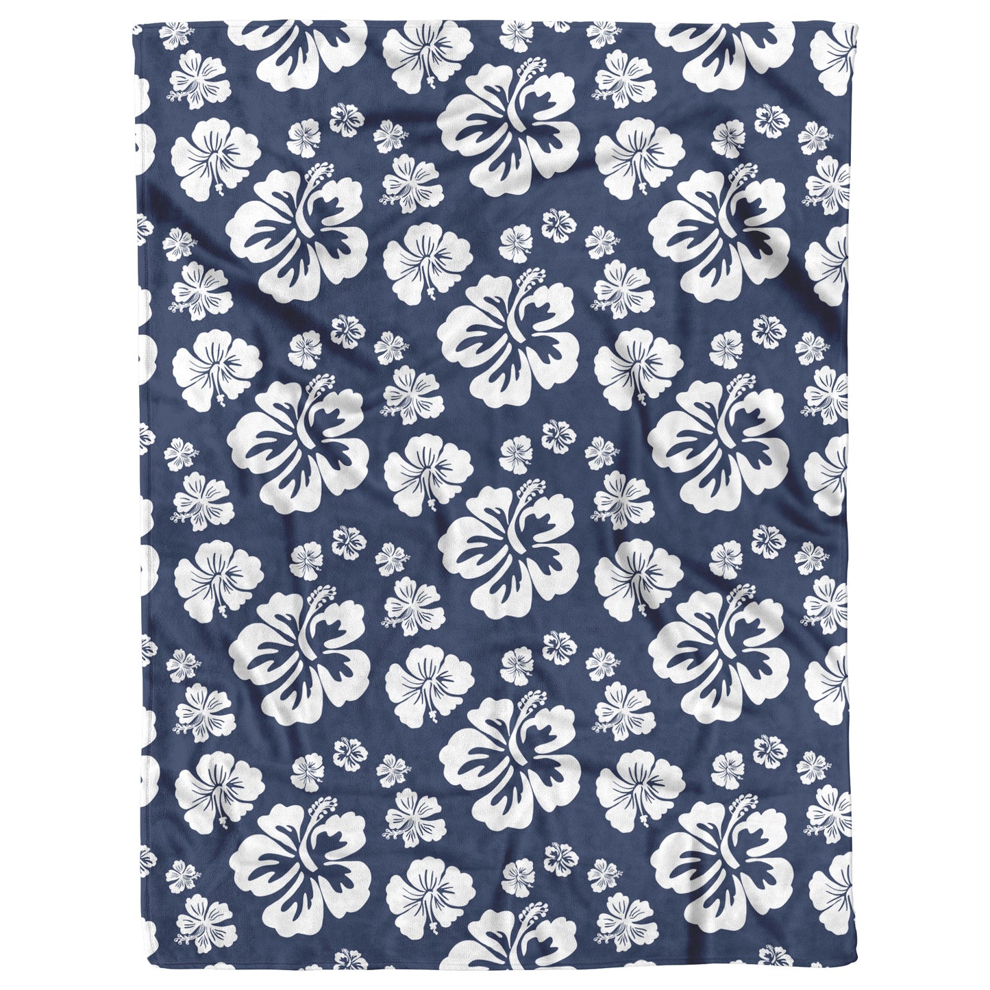 Hibiscus Soiree, White Hibiscus on Navy Blue, Fleece Blanket