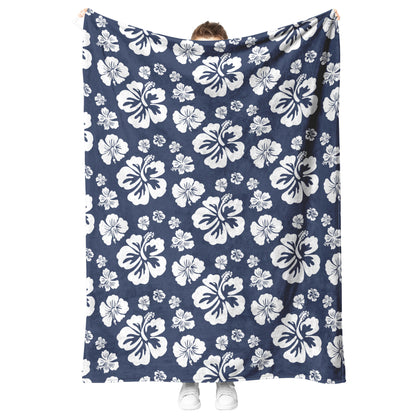 Hibiscus Soiree, White Hibiscus on Navy Blue, Fleece Blanket