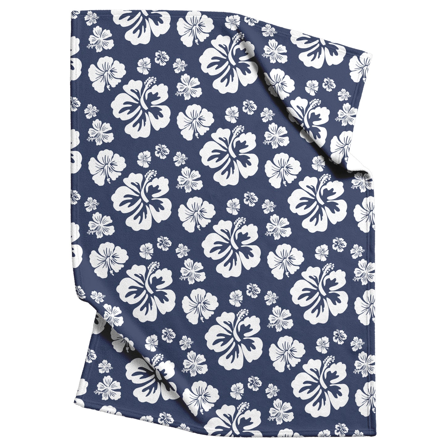 Hibiscus Soiree, White Hibiscus on Navy Blue, Fleece Blanket