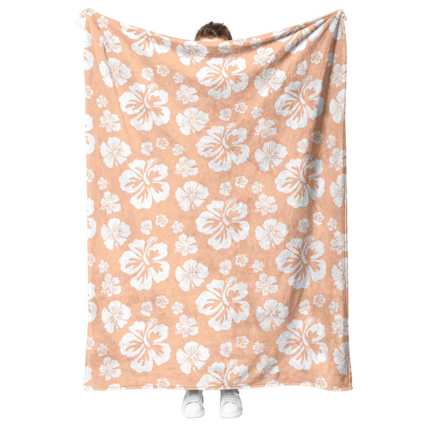 Hibiscus Soiree, White Hibiscus on Peach, Fleece Blanket