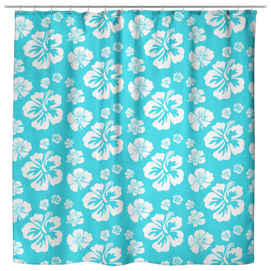 Hibiscus Soiree, White Hibiscus on Tropical Blue, Shower Curtain