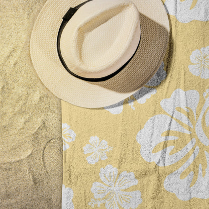 Hibiscus Soiree, White Hibiscus on Yellow, Beach Towel