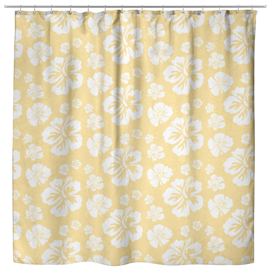 Hibiscus Soiree, White Hibiscus on Yellow, Shower Curtain